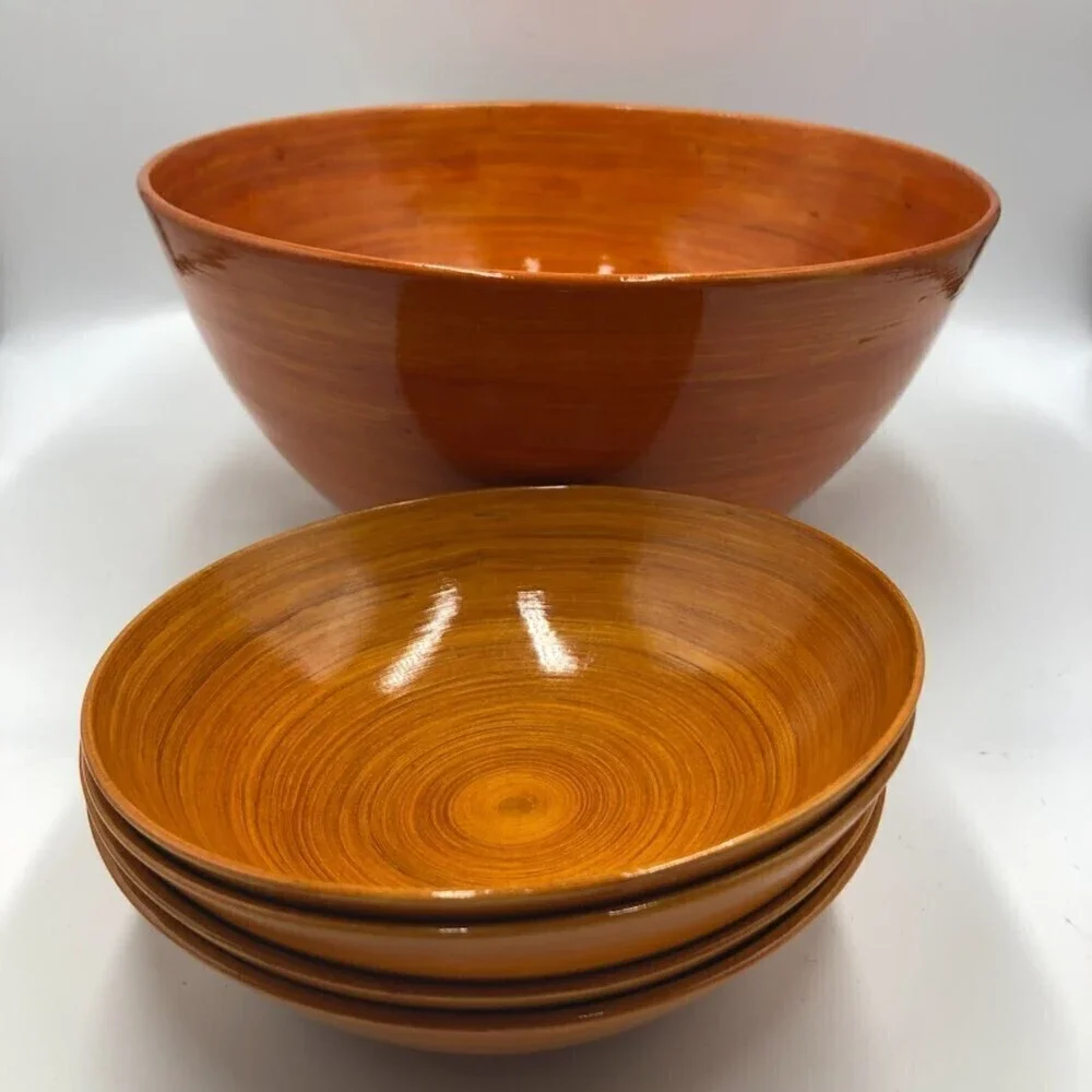 Vintage MCM Salad Bowl Set Orange Swirl Dinnerware 5 Pieces Collectible
